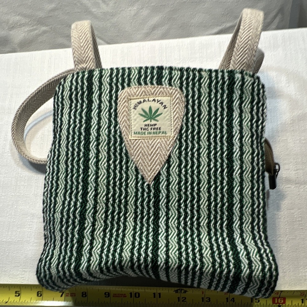 Himalayan Hemp Green White Striped Small Crossbody Bag Zip Closure Logo